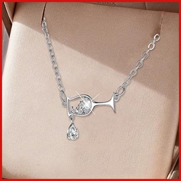 Silver Wine Glass 8 White CZ 1 Teardrop Solitaire Necklace 2" Extender O Link - Picture 5 of 5
